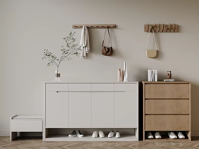 Minimalist Shoe Cabinet With Wall Hooks Small Bench Potted Plant And Hanging Bags 3d model