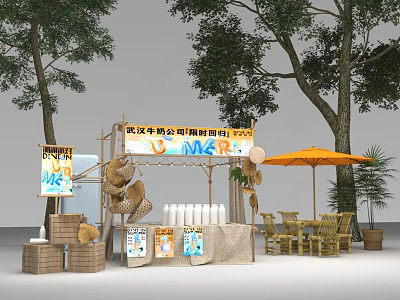 Outdoor Park Pop Up Cafe Table Chair Set With Orange Umbrella And Straw Hats 3d model