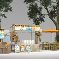 Outdoor Park Pop Up Cafe Table Chair Set With Orange Umbrella And Straw Hats