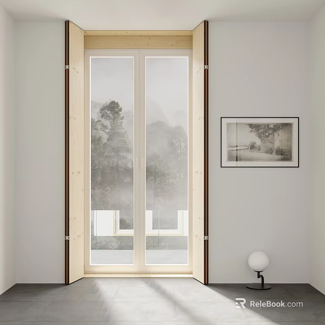 Wooden Frame Glass Double Doors Showcasing Natural View Indoor With Wall Art And Lamp 3d model 