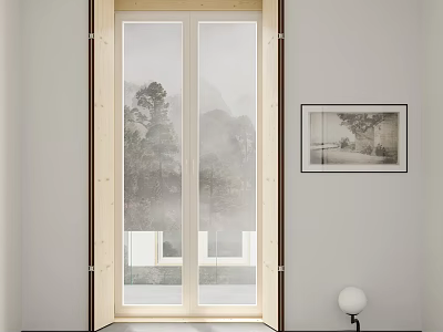 Wooden Frame Glass Double Doors Showcasing Natural View Indoor With Wall Art And Lamp 3d model