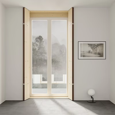 Wooden Frame Glass Double Doors Showcasing Natural View Indoor With Wall Art And Lamp 3d model