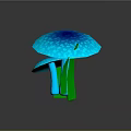 Vibrant Glowing Blue Mushrooms With Patterned Caps And Green Leaves On Dark Base