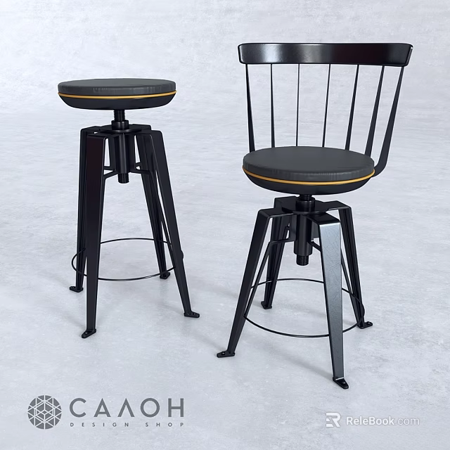 Modern Black Bar Stools With Metal Frame And Leather Seat Gold Trim 3d model 