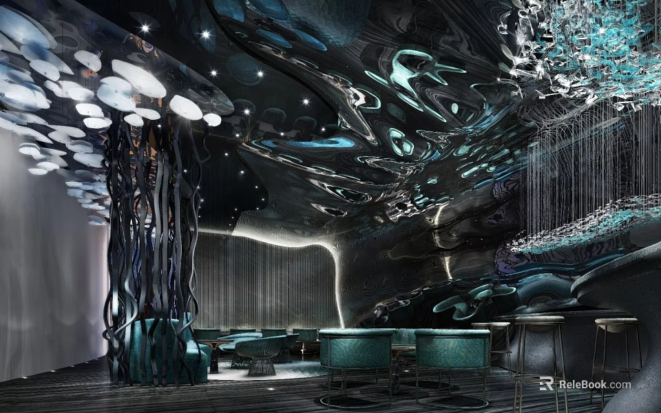 Modern Luxury Bar Interior With Creative Ceiling And Stylish Seating 3d model