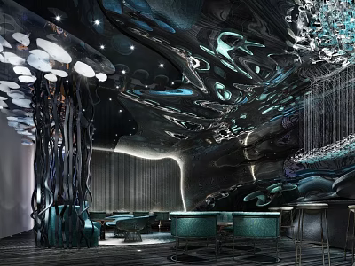 Modern Luxury Bar Interior With Creative Ceiling And Stylish Seating 3d model