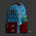 Blue Backpack With Cloud Patterns Cartoon Characters Red Bottom And Green Robot Pendant 3d model