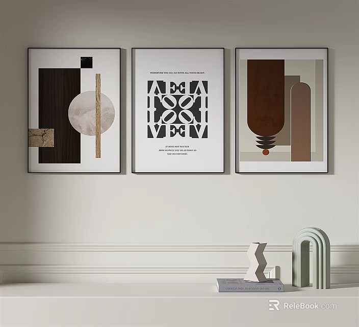 Modern Abstract Decorative Paintings On Wall With Geometric Patterns And Decorative Items Below 3d model 