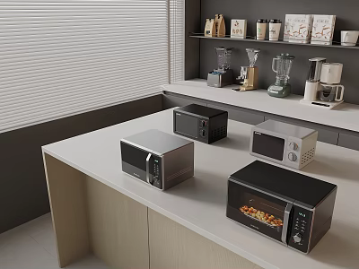 White Kitchen Countertop With Four Appliances Microwaves Ovens And Open Shelves Blenders Coffee Makers 3d model