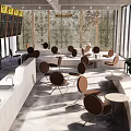 Modern Café Interior With Cozy Seating Area Wooden Counter And Pendant Lights