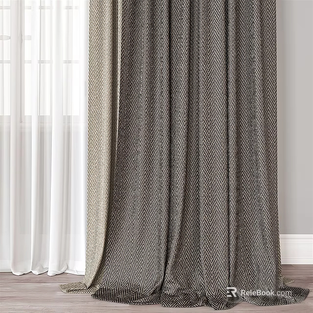 Elegant Gray Curtains With Herringbone Fabric And Sheer White Layers For Modern Home 3d model 