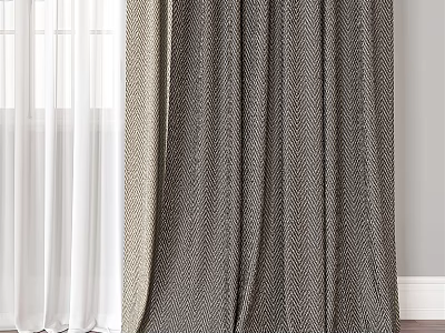 Elegant Gray Curtains With Herringbone Fabric And Sheer White Layers For Modern Home 3d model