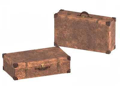 Two Vintage Brown Suitcases with Worn Leather Texture Metal Locks and Corner Protectors 3d model
