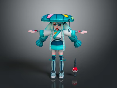 Anime Style Game and Movie Character With Teal Mushroom Hat Twin Ponytails and Red Orb Companion 3d model