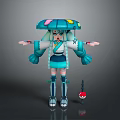 Anime Style Game and Movie Character With Teal Mushroom Hat Twin Ponytails and Red Orb Companion