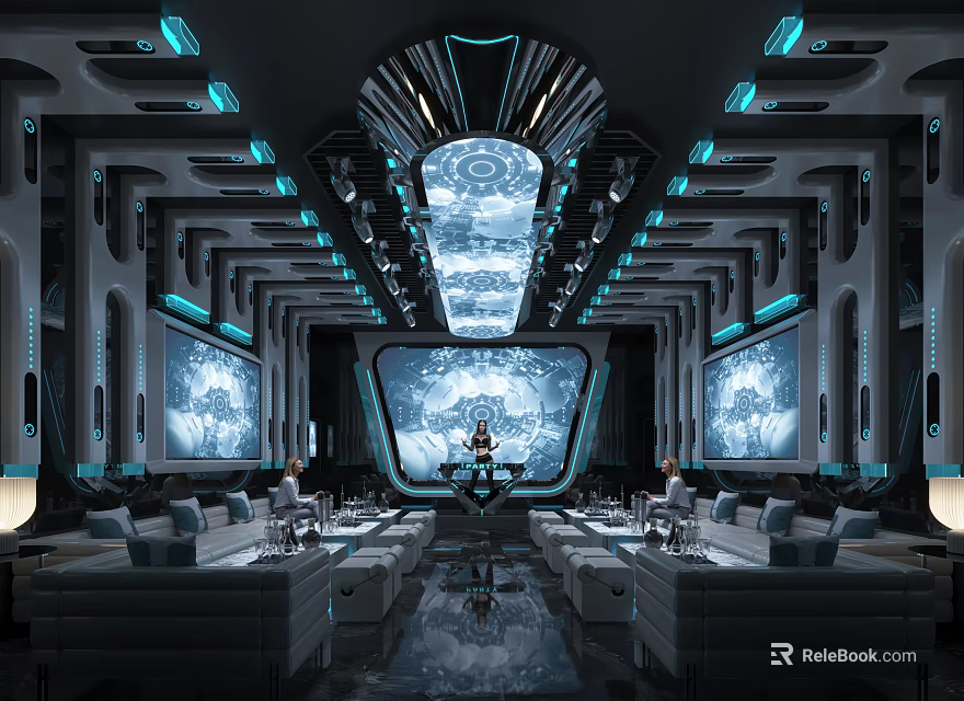 Modern Futuristic KTV Interior Design With Blue Lighting Large Screens And Sofas 3d model 