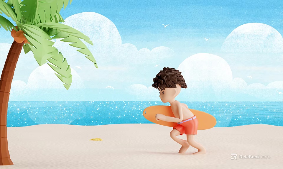 Cartoon Beach Scene of Little Boy Holding Surfboard With Blue Sea Palm Tree Clouds Seagulls 3d model 