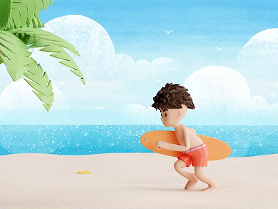 Cartoon Beach Scene of Little Boy Holding Surfboard With Blue Sea Palm Tree Clouds Seagulls 3d model