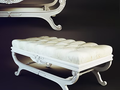 Elegant White Ottoman Bench With Carved Frame And Tufted Cushion 3d model