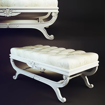 Elegant White Ottoman Bench With Carved Frame And Tufted Cushion 3d model