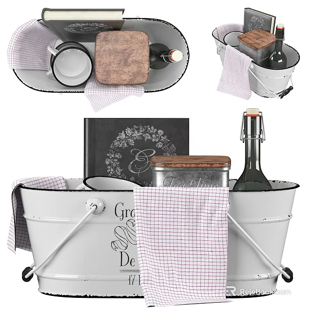 Stylish Kitchenware Set With White Bucket Wooden Cutting Board Checkered Cloth And Chalkboard 3d model 