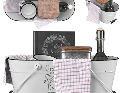 Stylish Kitchenware Set With White Bucket Wooden Cutting Board Checkered Cloth And Chalkboard 3d model