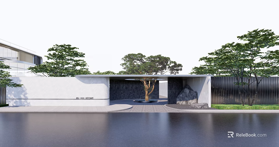 Modern Minimalist Building Entrance Gate With Trees Stone Elements And Water Reflection 3d model