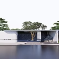 Modern Minimalist Building Entrance Gate With Trees Stone Elements And Water Reflection 3d model