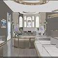 Elegant Jewelry Store Interior Design With Round Display Counter Gold Accents Decorative Plants And Lighting