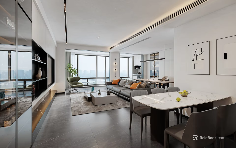 Modern Minimalist Living Dining Room Interior With Gray Sofa White Table And Natural Light 3d model 