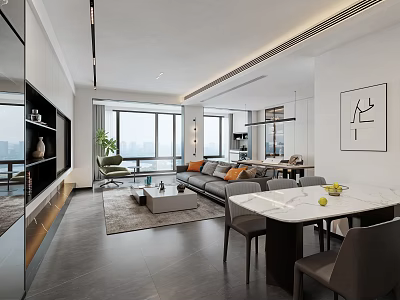 Modern Minimalist Living Dining Room Interior With Gray Sofa White Table And Natural Light 3d model