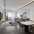 Modern Minimalist Living Dining Room Interior With Gray Sofa White Table And Natural Light