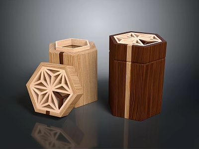 Modern Wooden Hexagonal Stools With Carved Geometric Patterns And Light Dark Wood Tones 3d model