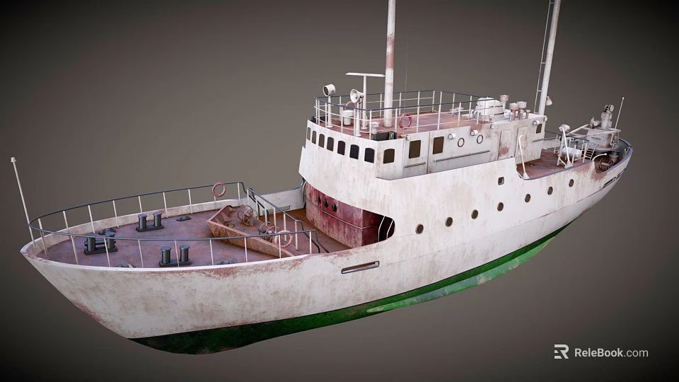 Old Ship With White Hull Green Bottom And Deck Structures 3d model 