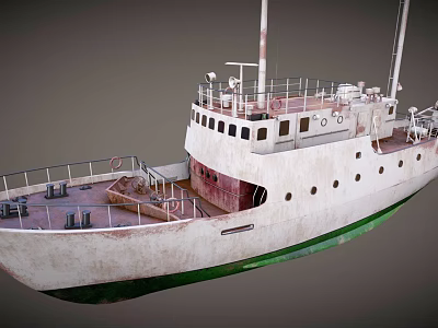 Old Ship With White Hull Green Bottom And Deck Structures 3d model