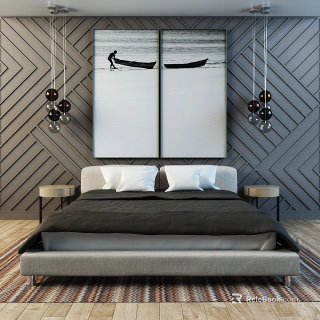 Modern Bedroom with Background Double Bed Gray Wall Hanging Art Pendant Lights Nightstands Wooden Floor 3d model 