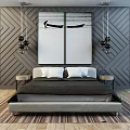 Modern Bedroom with Background Double Bed Gray Wall Hanging Art Pendant Lights Nightstands Wooden Floor