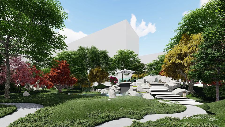 Garden Landscape Design With Lush Lawn Colorful Trees Rock Formations Stone Steps And Pavilion 3d model 