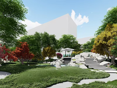 Garden Landscape Design With Lush Lawn Colorful Trees Rock Formations Stone Steps And Pavilion 3d model