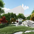 Garden Landscape Design With Lush Lawn Colorful Trees Rock Formations Stone Steps And Pavilion