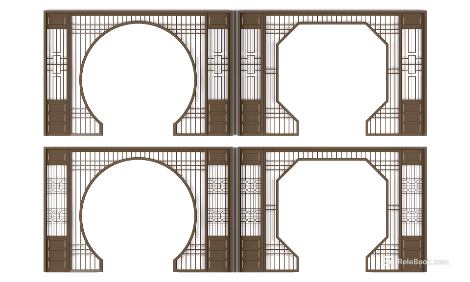 Traditional Wooden Door Arches Featuring Lattice Design And Various Shapes 3d model 
