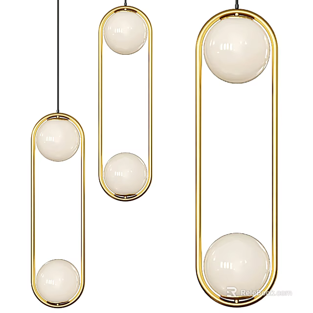 Modern Set of Three Golden Frame Pendant Lights With White Spherical Shades 3d model 
