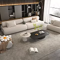 Modern Living Room With Light Colored Sofa Coffee Tables And Decorative Plants