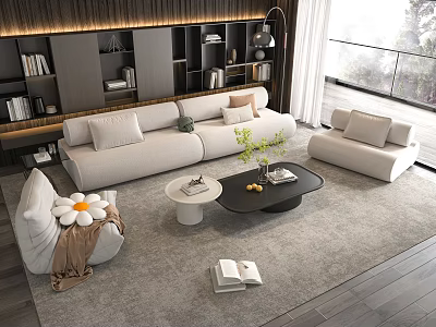 Modern Living Room With Light Colored Sofa Coffee Tables And Decorative Plants 3d model