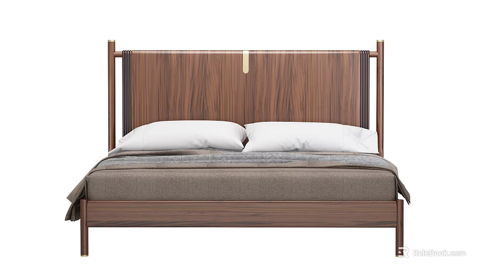 Modern Double Bed With Wooden Walnut Headboard Metal Accent White Pillows And Gray Bedspread 3d model 