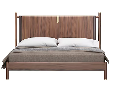 Modern Double Bed With Wooden Walnut Headboard Metal Accent White Pillows And Gray Bedspread 3d model
