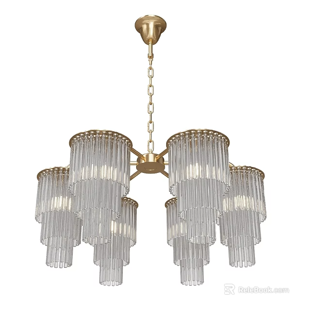Elegant Modern Chandelier With Gold Metal Frame And Multiple Hanging Transparent Glass Tubes 3d model 