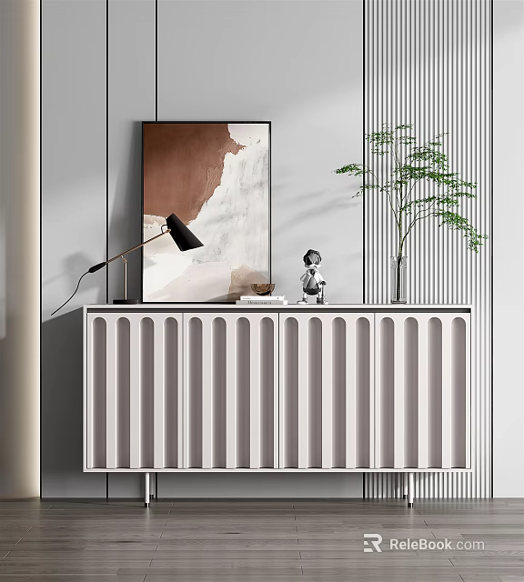 Modern Entryway Console Table With Vertical Slats Featuring Artwork Lamp Sculpture And Potted Plant 3d model 
