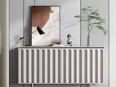 Modern Entryway Console Table With Vertical Slats Featuring Artwork Lamp Sculpture And Potted Plant 3d model