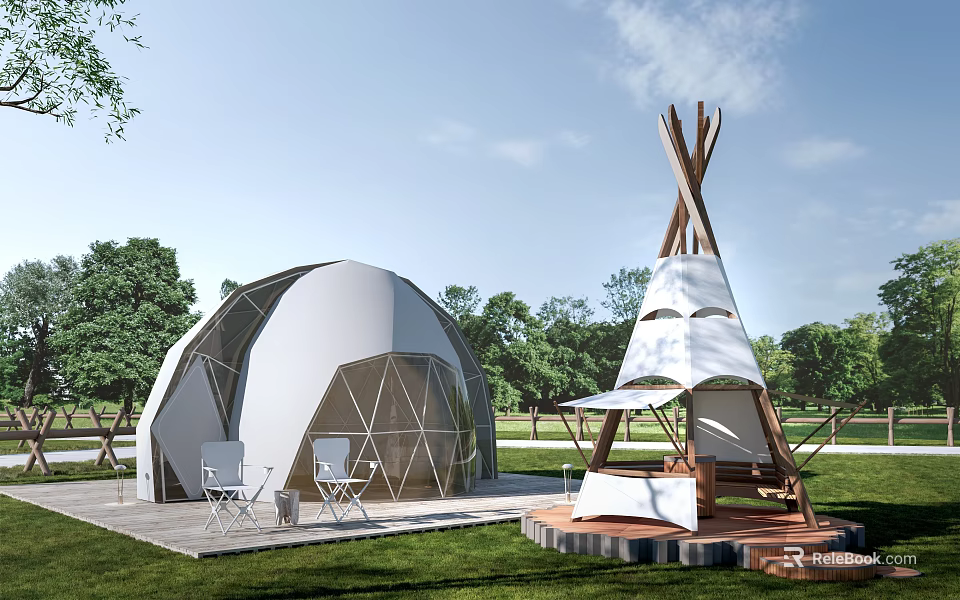 Stylish Luxury Glamping Dome And Tipi Tents Set On Lush Green Outdoor Countryside Camping Site 3d model 
